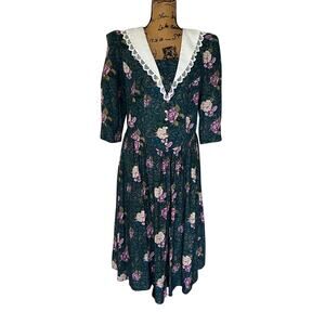 VTG 80s Lady Dorby Floral Drop Cottage Core Drop Waist Midi Dress Women’s L